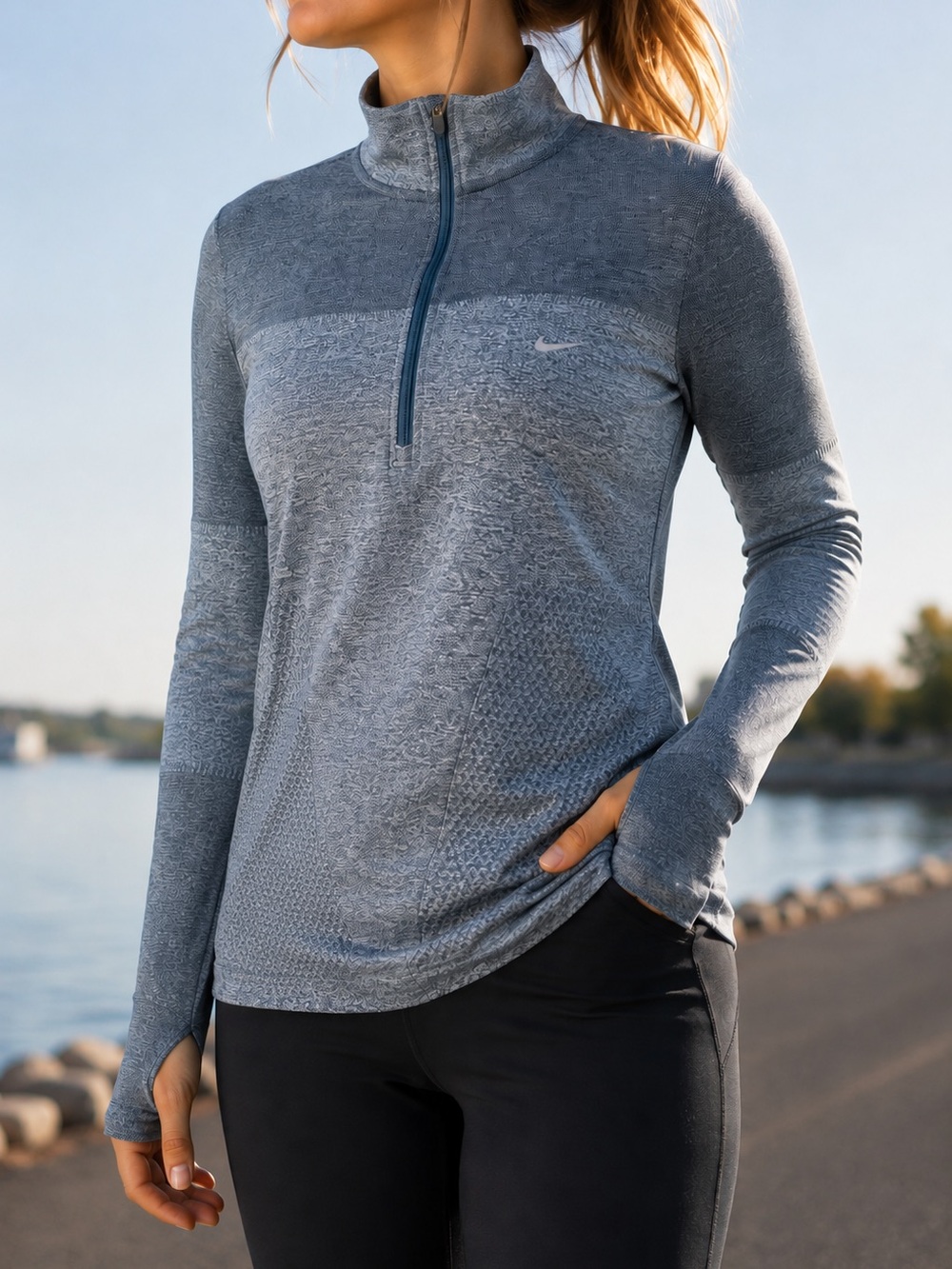 Nike Running Seamless 1/2 Zip Gray Thumbhole Long Sleeve Top Women’s M